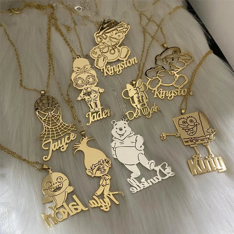 
Custom Cartoon Name Necklace 18k Gold plated Stainless Steel kids necklace Custom Children Necklace Personalized Christmas Gif 