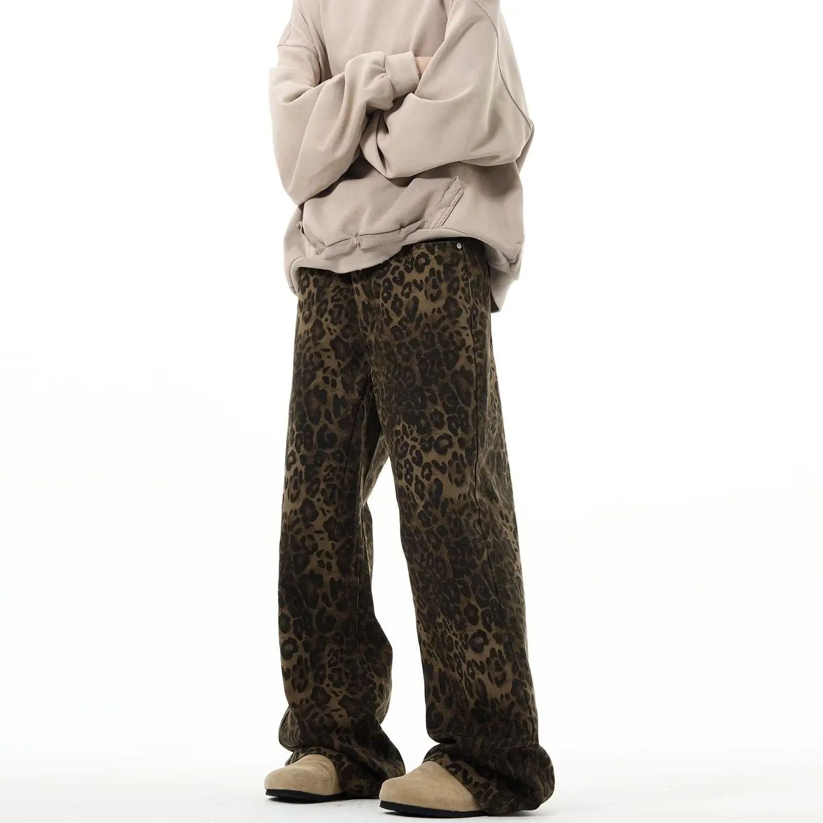 Fitspi Vintage Leopard Print Jeans Men Women Straight Loose Leisure Mop Trousers Men Wholesale