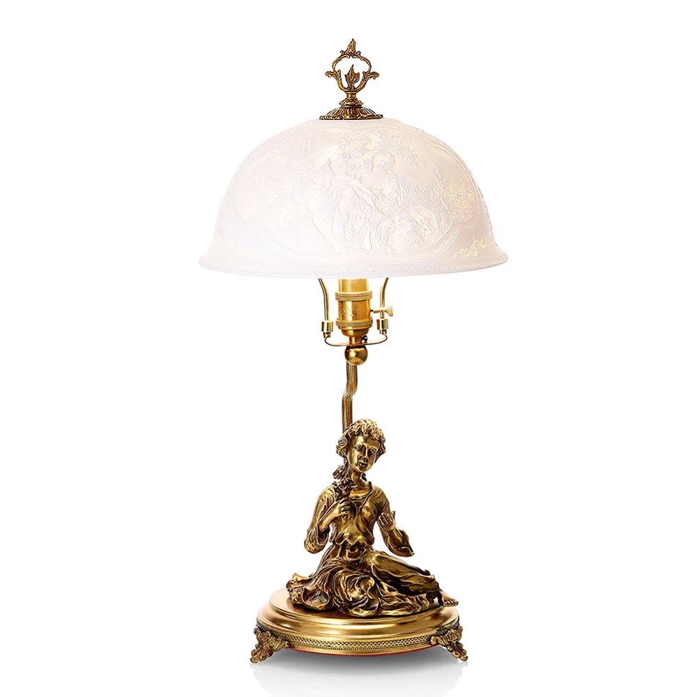Classic Baroque Style Gilt Bronze Pedestal Feather Ornate Table Lamp with Beautiful Drum Lampshade