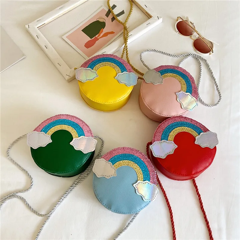 Shining sequins colorful rainbow pattern print round shape design pu leather zipper purse handbag for kids