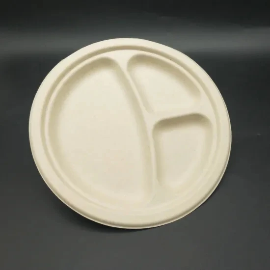 Disposable Sugarcane Bagasse Dishes 3 Compartment Eco-Friendly Disposable Sugarcane Paper Plates