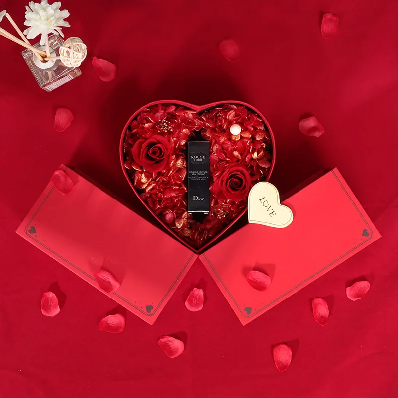 Red empty valentines day heart love box packaging for rings perfume lipstick watch jewelry packaging heart shaped box with rose