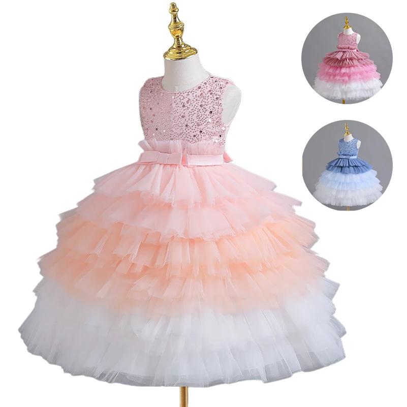 Rarewe Kids Clothing Girls Dresses O Neck Sequin Top Gradient Color Tiered Princess Dress For Birthday Party Performance Wear