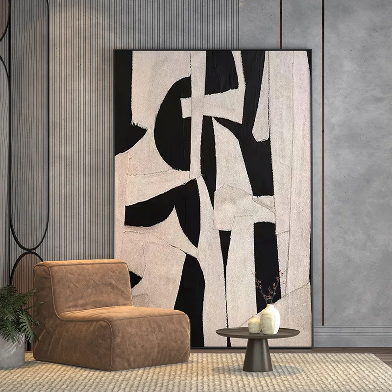 Hotel Project Modern Black and Grey White Framed Painting Abstract Canvas Artwork Wall Art Decor