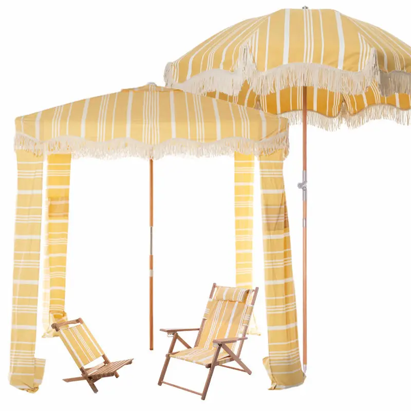 2023 Hot Beach Product Sets Premium Beach Cabana Boho Style Sun Beach Tassels Umbrella Wooden Frame Deck Chair