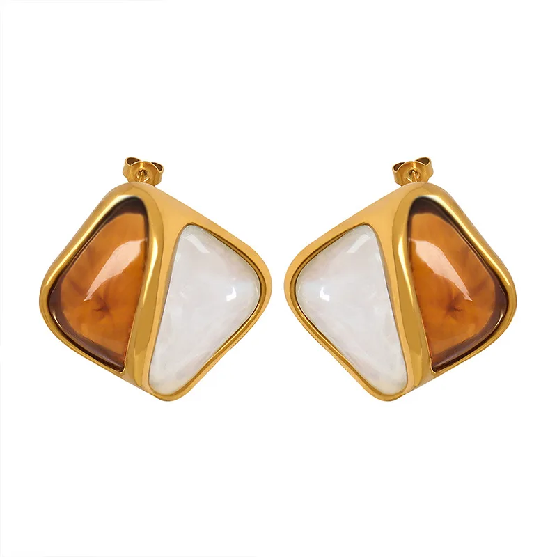 Retro Square Brown And White Resin Texture Light Luxury Temperament Commuting Ladies Titanium Steel