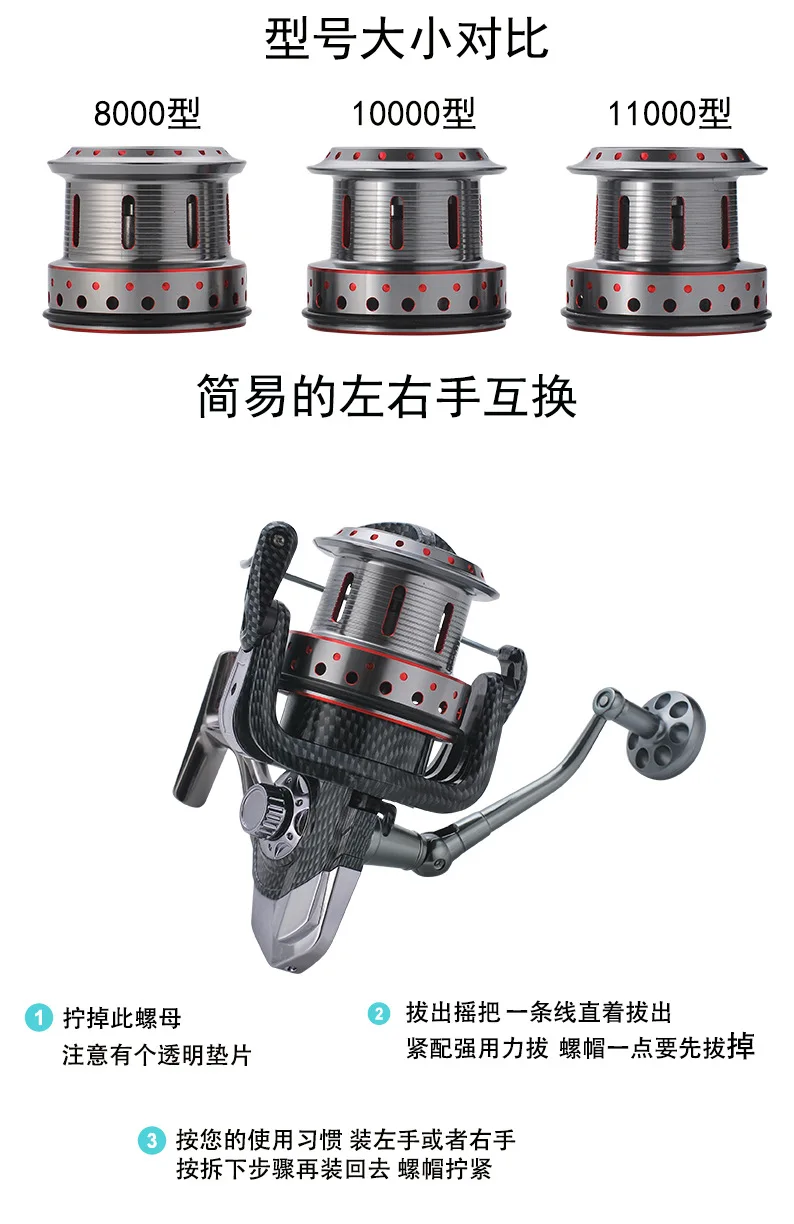 Lizard WDH 14+1BB Ball Bearings Fishing Reel 4.7:1 Full Metal Body Jigging Spinning Trolling Surf River 9000 10000 11000 Fake