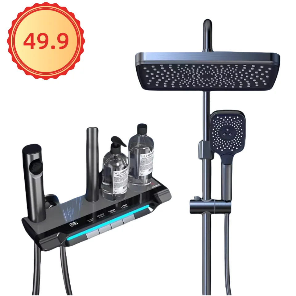 Duchas Modern Digital Cold And Hot Water Brass Luxury Rain Mixer Black System Thermostatic Piano Key Bathroom Smart Shower Set