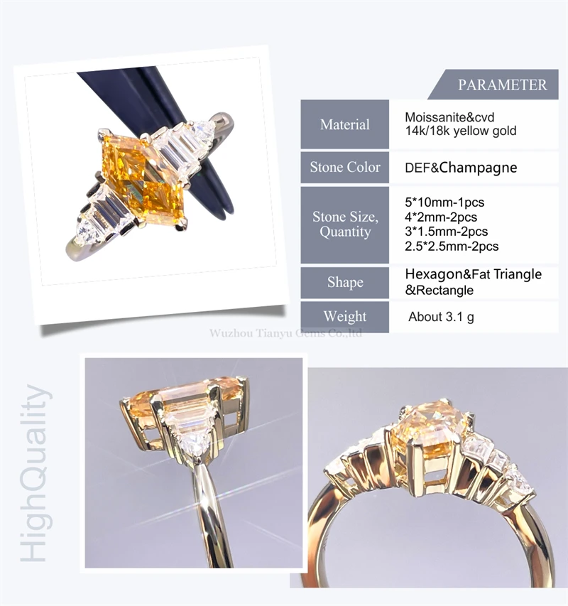 Tianyu gems 925 silver white gold plated champagne color moissanite women ring