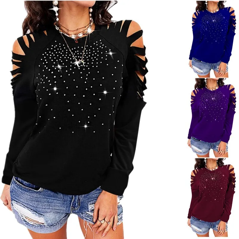 Autumn and winter new round neck hot drilling hollow long-sleeved off-the-shoulder top T-shirt