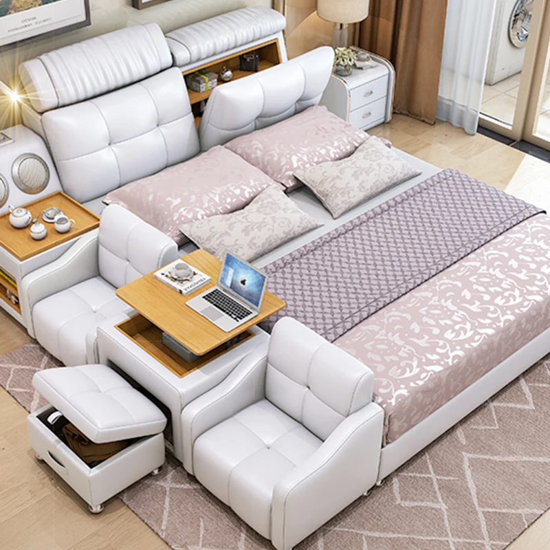 Modern Smart Single Sofa Bed Multifunctional Leather Wooden Bed