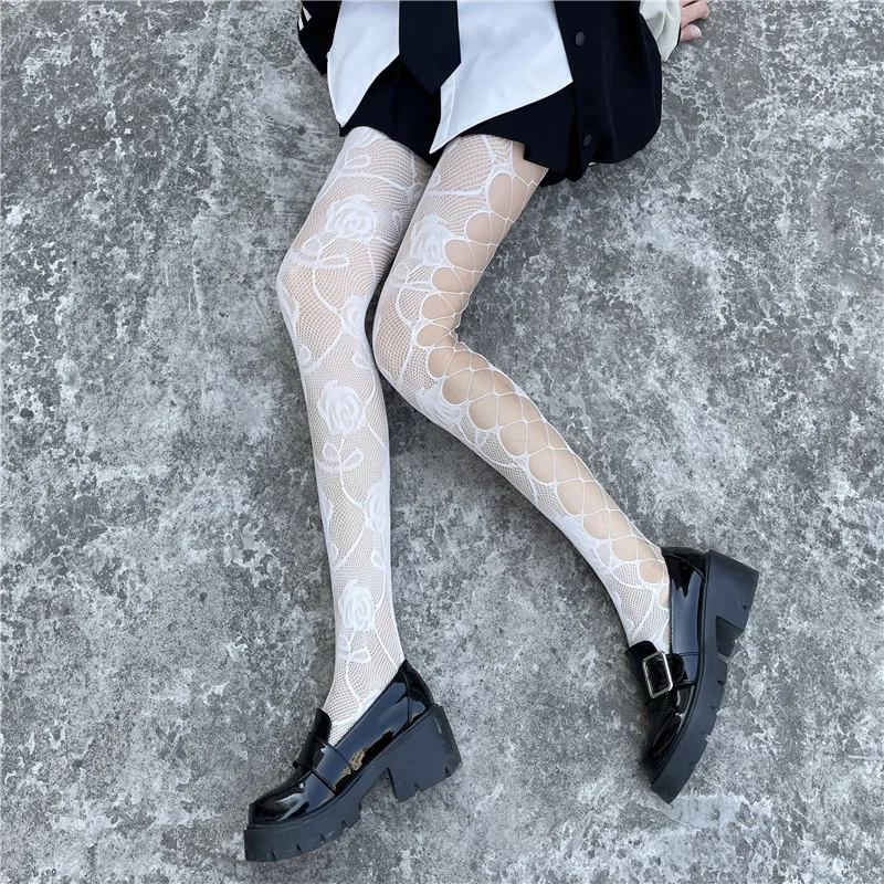 New Trends Sexy Cut Out Fishnet Stockings Sweet And Cool Sexy Pantyhose Pure Lust Style White Silk Personalized Rose