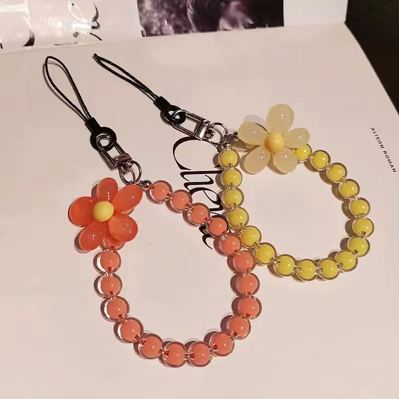 Handmade Crystal Bead Bracelet Phone Lanyard Phone Charms key Chain  Flower Mobile Phone Chain Wrist Straps Trendy Girl Keychain