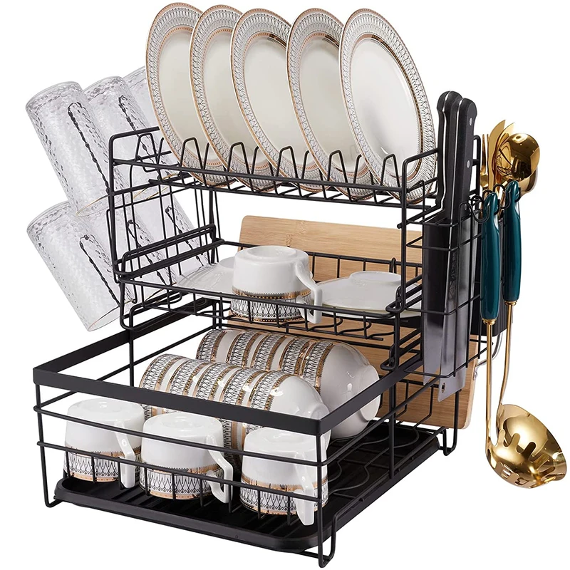 removable 3-layer stainless steel bowl rack, with drain board, tableware and knife holder,  rust proof kitchen drying rack,black