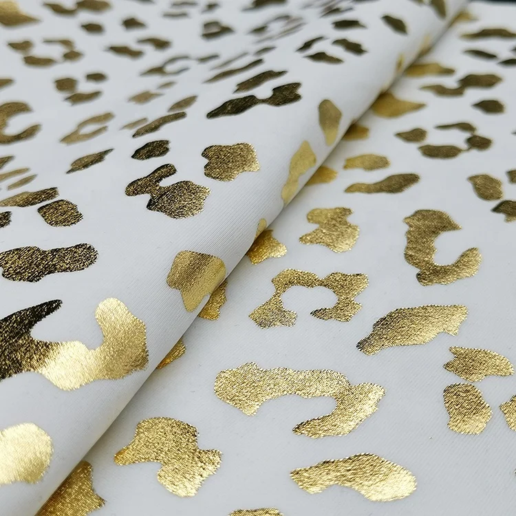 
200gsm popular designer gold leopard sequin foil print on 82 nylon 18 spandex swimwear fabric 
