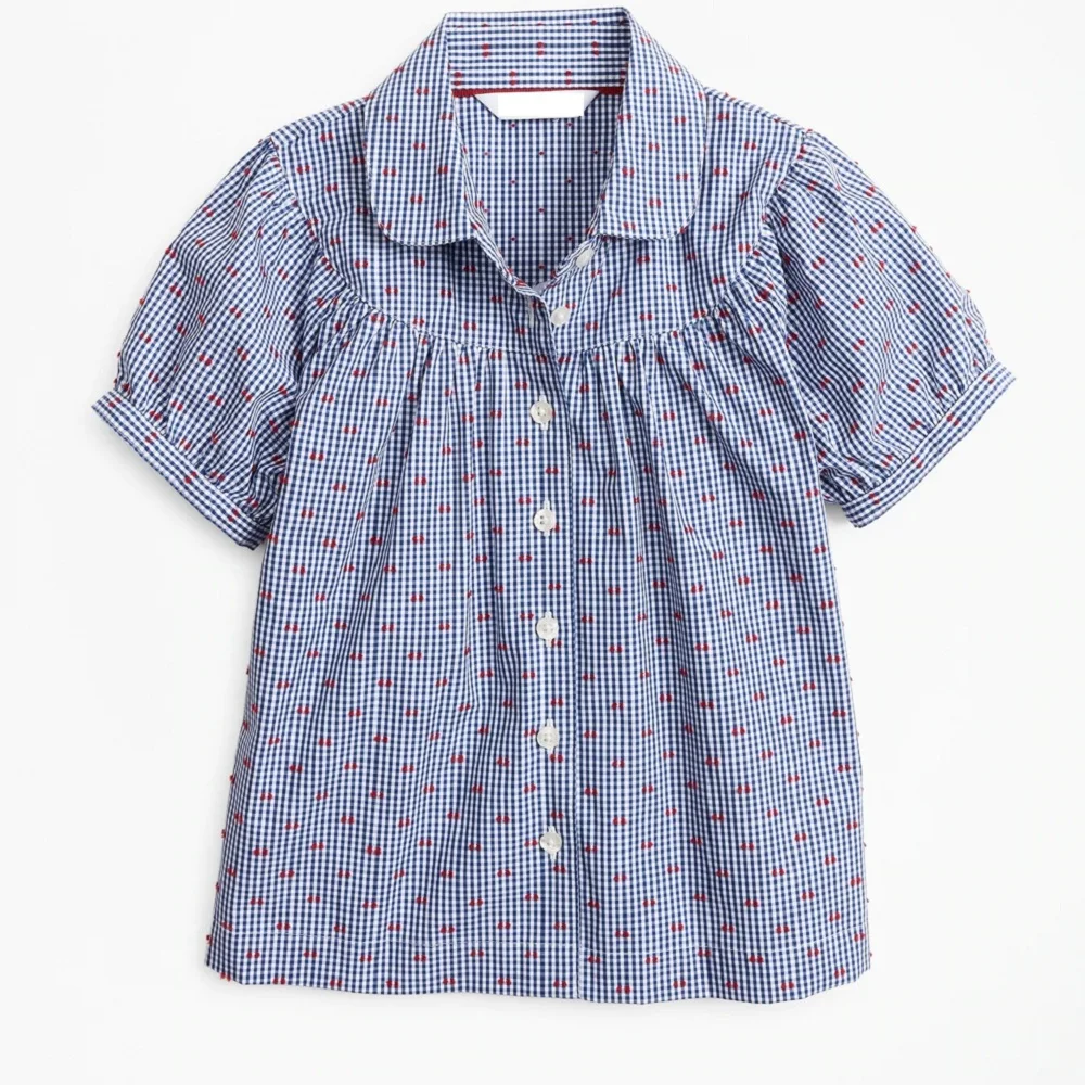 
OEM Girls Cotton Gingham Shirts Puff short sleeves and Button-up at front Center Woven Plaid cotton Shirts Blouse 