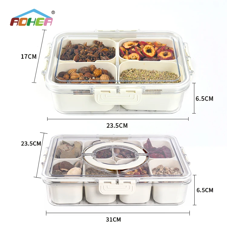 Aohea bpa free 4 8 compart Заводская поставка Лидер продаж разделенный овощной лоток бокс для снэков с разделителем сервировочный крышкой