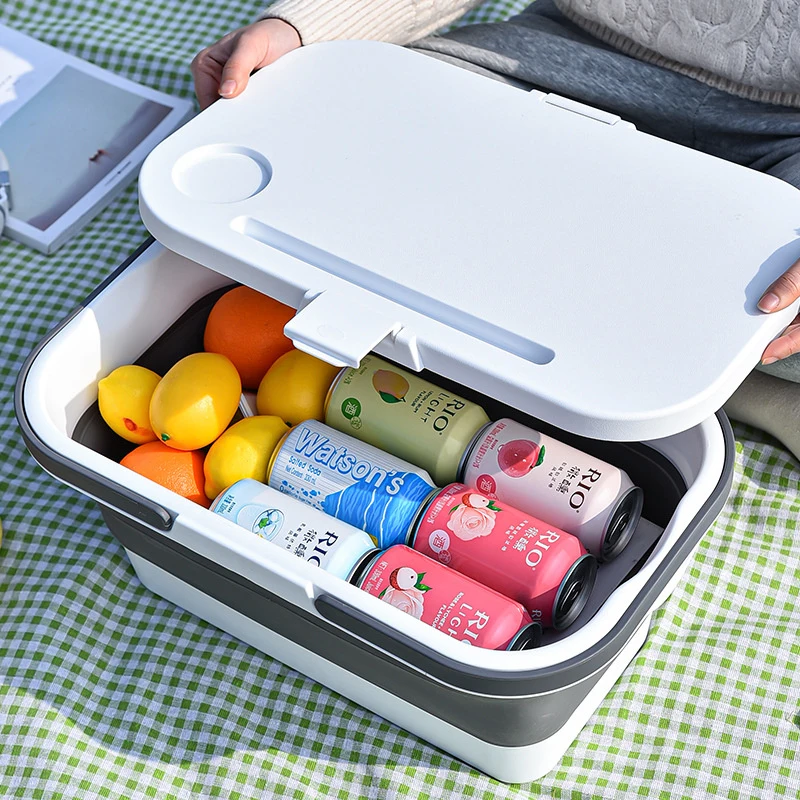 Personalized Outdoor Camping Hiking Portable Folding Picnic Basket with Table Lid Collapsible Storage Basket
