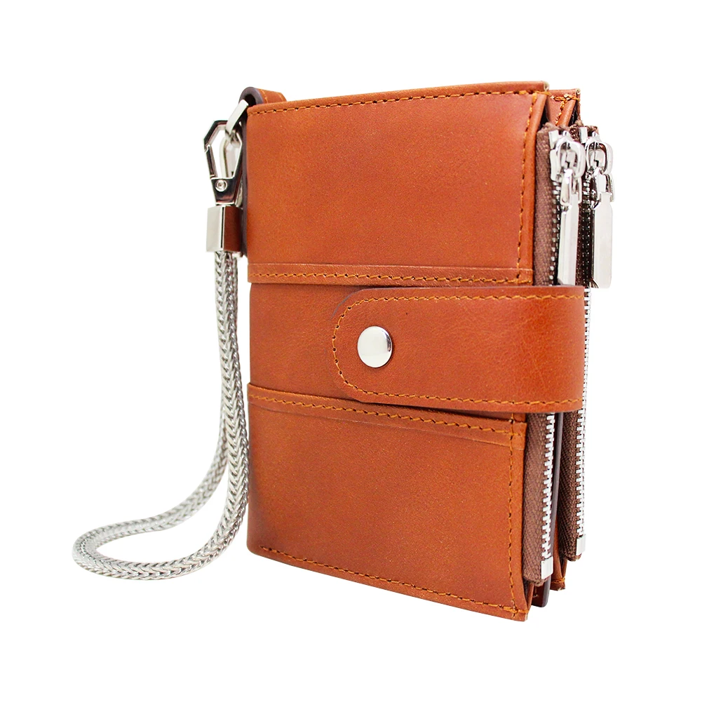 Factory Wholesale Vintage Genuine Leather Double Zippers Wallet With Removable Coin Purse Chain Men Bifold Wallet