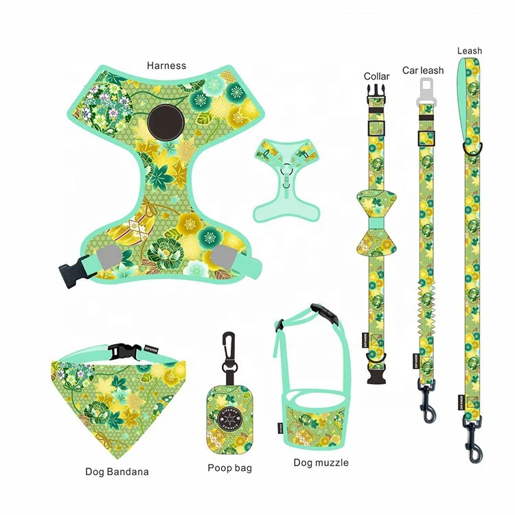 OEM/ODM Personalized Pet Accessories Print Reflective Reversible Quick Release Padded Polyester Pattern Dog Harness Set