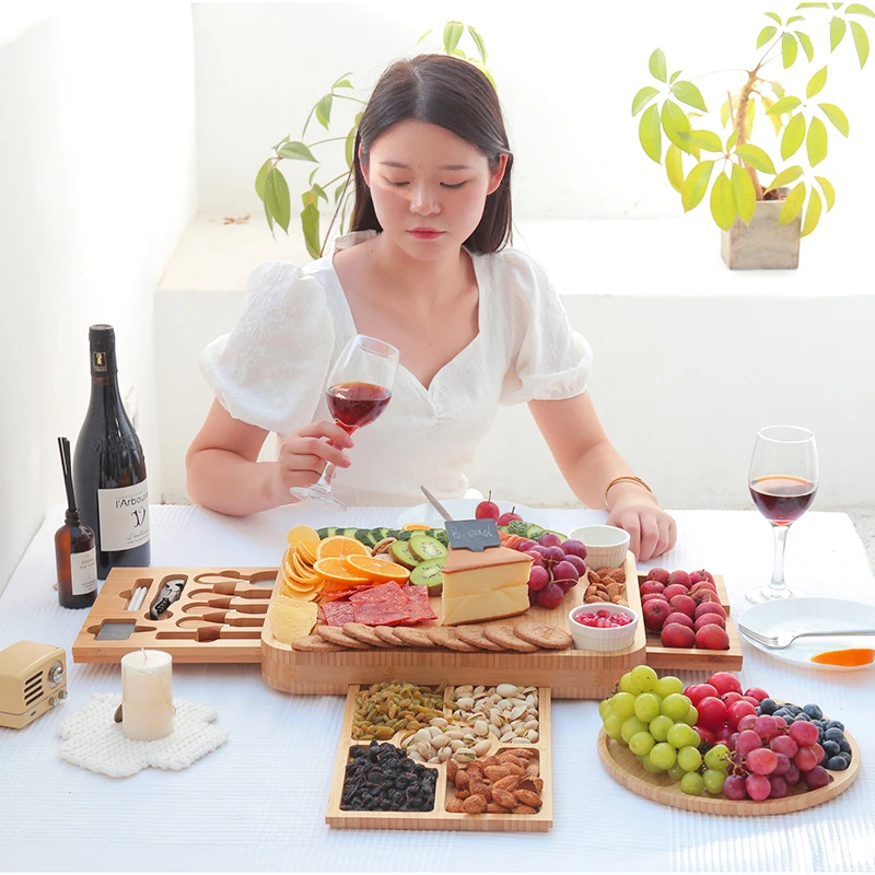 Натуральная бамбуковая разделочная доска с квадратным логотипом на заказ сырная деревенский Набор ножей для пикника электрическая открывалка бутылок вина комплект