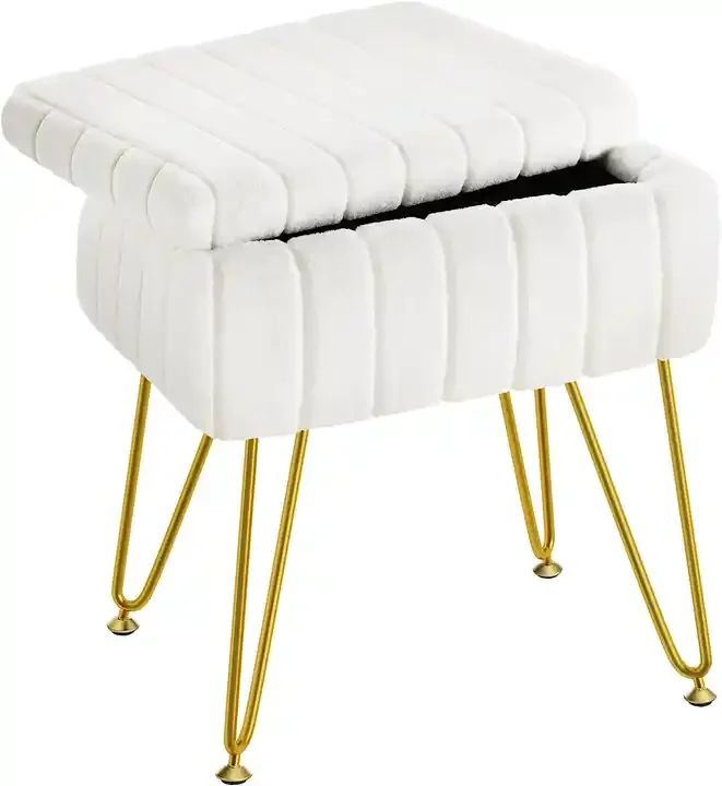 Modern Furniture White Velvet Square Storage Pouf Ottoman Accent Footstool with Gold Metal Legs