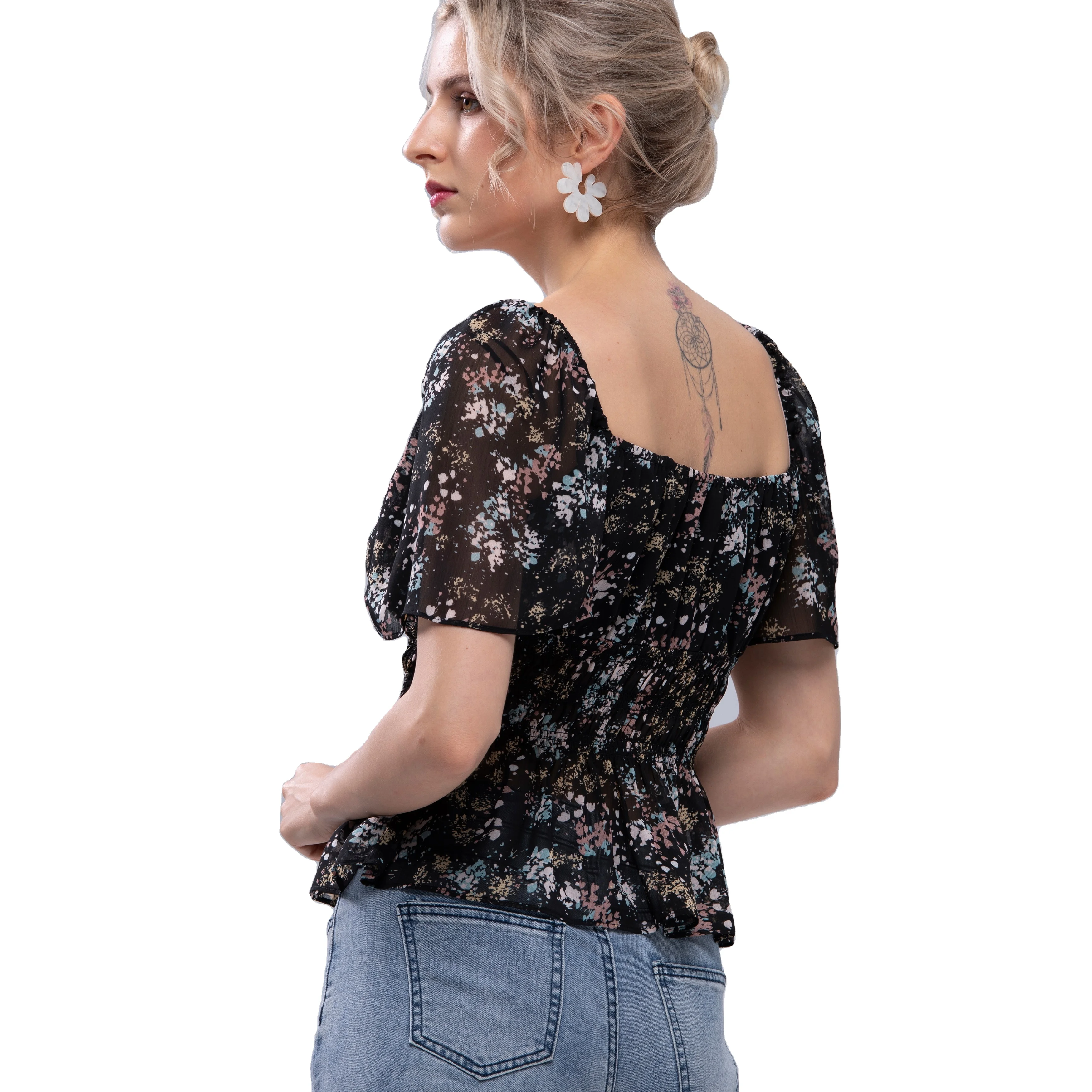 Ladies Trendy Casual Ruffle Sleeve Tops Women Fashion Chiffon Shirts Tops Blouse for Summer