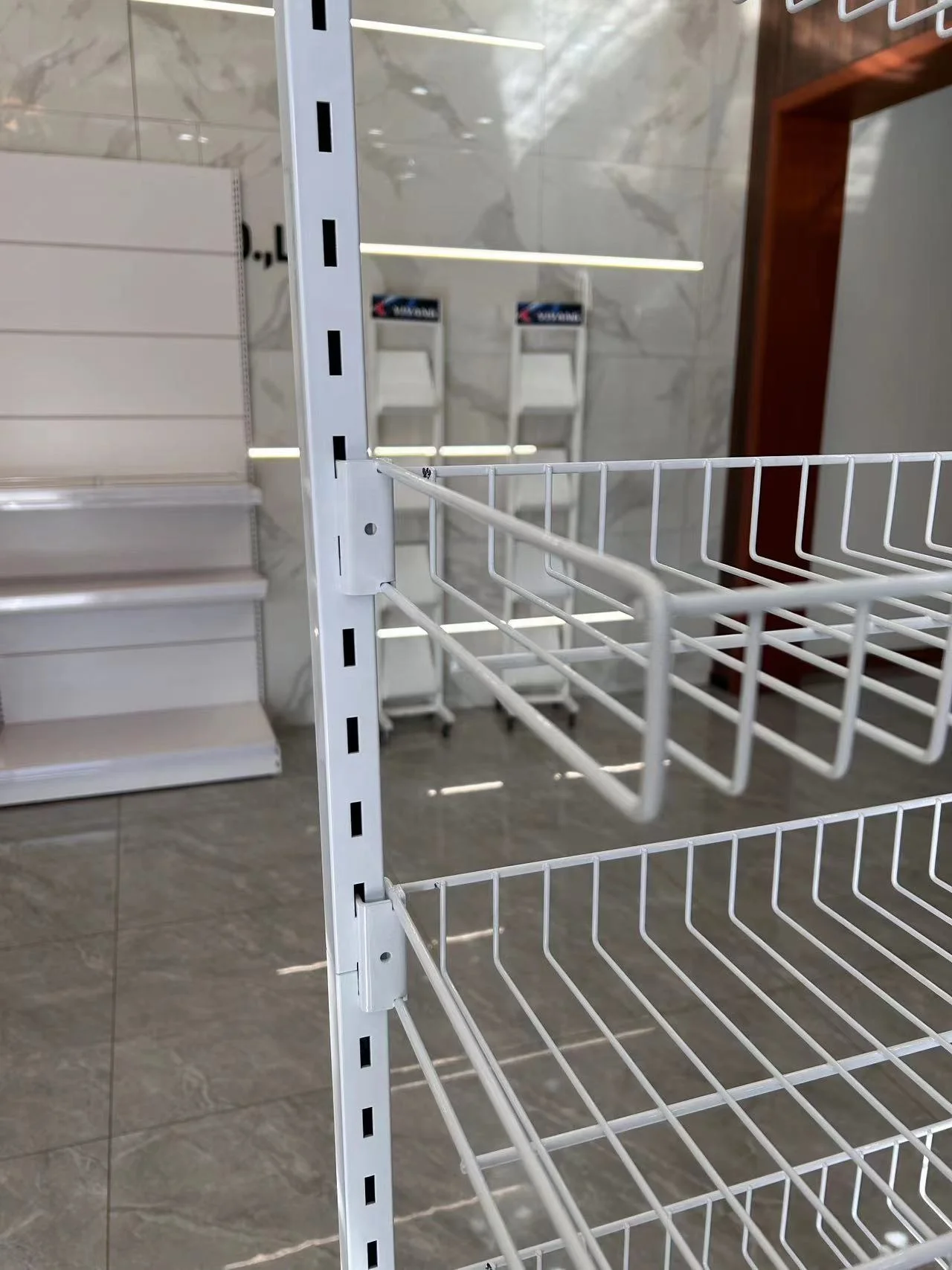 Supermarket metal display wire mesh basket stands metal shelf wire cage shelf