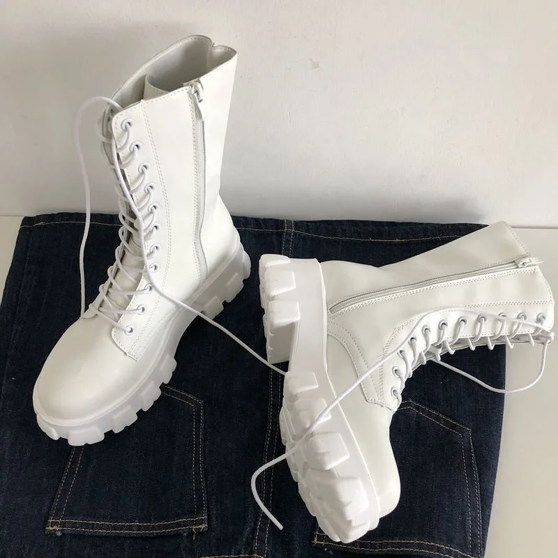 New Mid Calf Boots Women Autumn Winter Fashion Lace-up Zipper Boots Sports Platform Heel Ladies Shoes