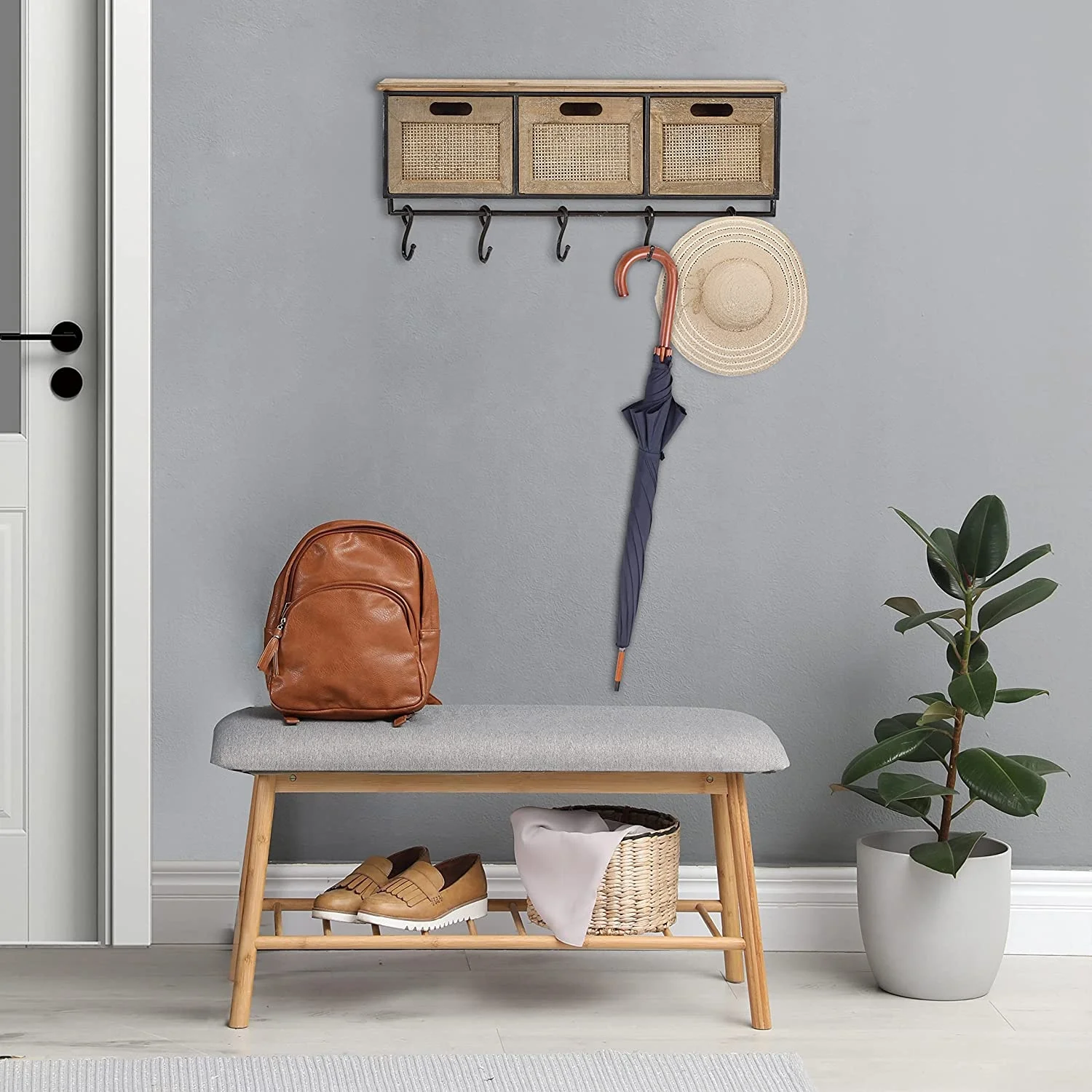 Rustic Wall Mounted Key Coat Rack Storage Shelf Wooden Entryway Floating Hanging Shelf with 5 Hooks 3 Drawers for Living Room