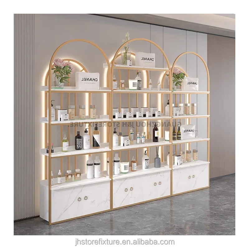 Design modern interior equipment supermarket cosmetic shelves display gold makeup rack furniture for shop