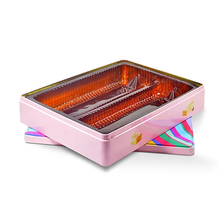 Custom rectangular metal tinplate packaging box food tin box with plastic inner tray for cookies biscuits pastry chocolate