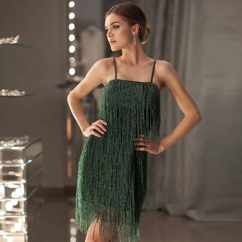 
Women sexy club dress Sweet shining silk sling tassel dress 