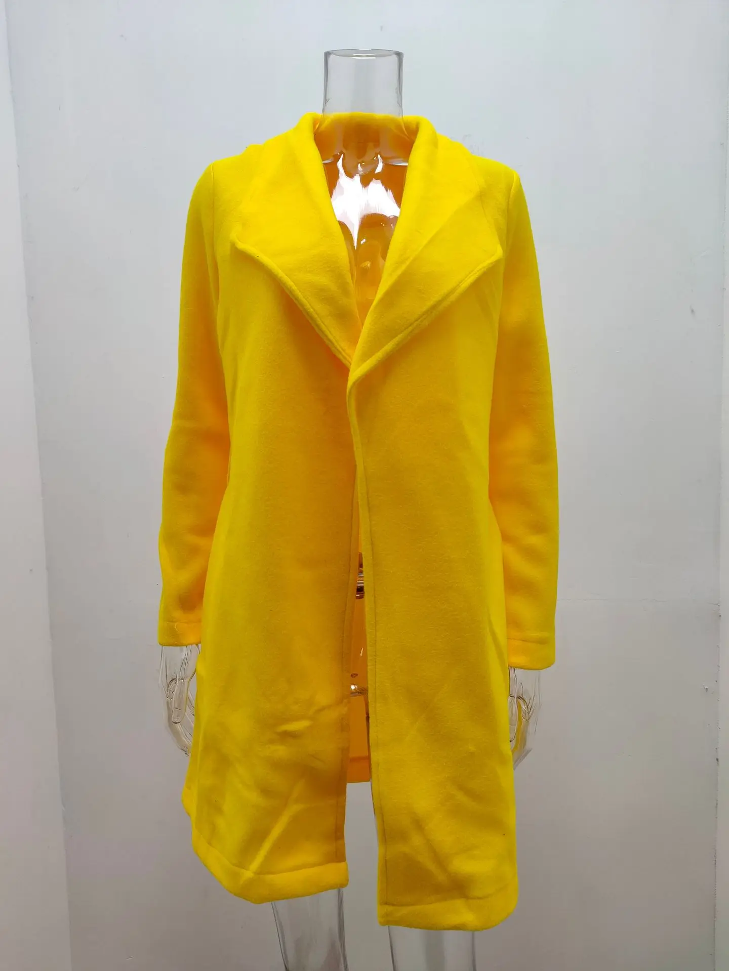 Women Elegant Long Wool Coat With Belt Solid Color Long Sleeve Chic Outerwear Ladies Drop Shoulder Overcoat