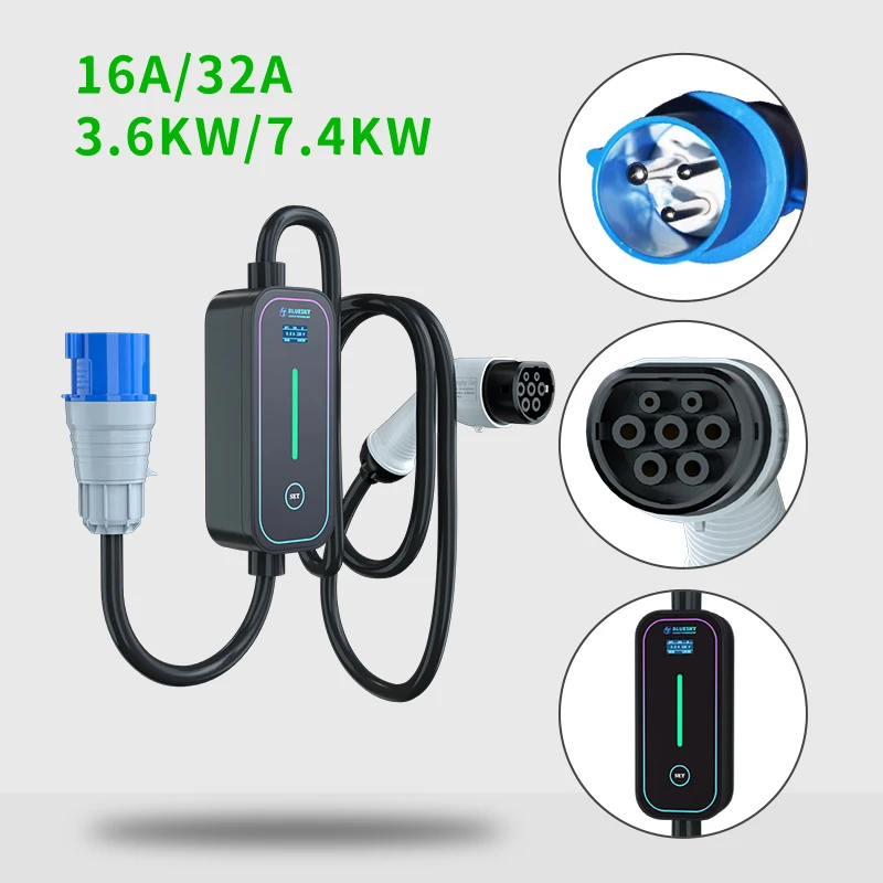 Портативное зарядное устройство типа 2 EV, входная Регулируемая мощность (10A/16A/20A/24A/32A), 7 кВт с управляемым цифровым l-экраном