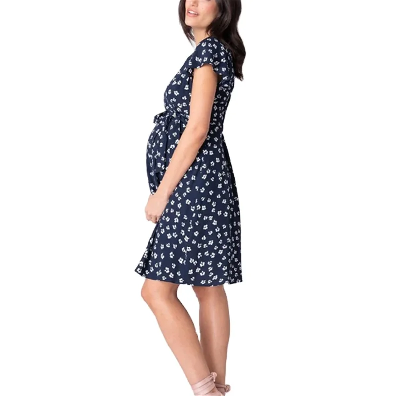 Navy Floral Wrap nursing breastfeeding clothes Maternity Dress woven midi dress