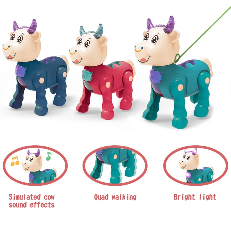 Custom Puzzle Plastic Electric Simulation Calf Cow Deer Sound Effect Lighting Music Cute Pets Rope Pulling Electric Toys