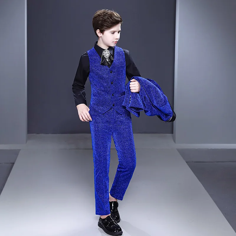 NIMBLE Blue Elaborate Sequined Men Suit Host Piano Performance Flower Boys Texido Blazer Kids Clothing Children Wear Plus Size