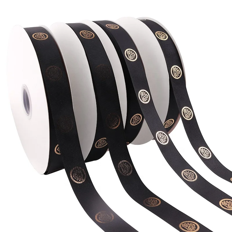 ECO friendly 2.5 cm White logo printing Gold foil printing ribbons Brand Artwork Colorful Satin Grosgrain Ribbon for Packaging