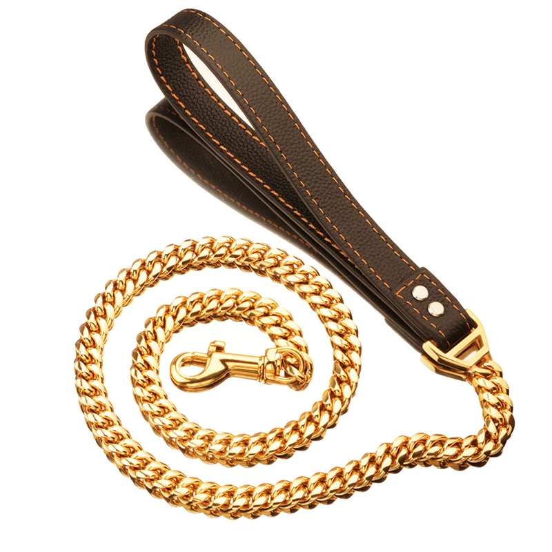 Luxury Leather Padded Handle Stainless Steel Cuban Link Chain Dog Leash
