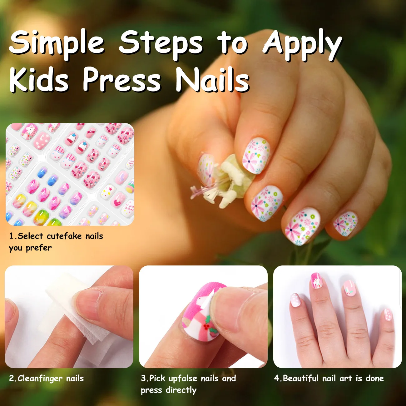 168PCS Children Press-On Nail Art Set Pre-Glued False Manicure Tips Decorative Stick on Nails for Kids Toddler Press on Nails