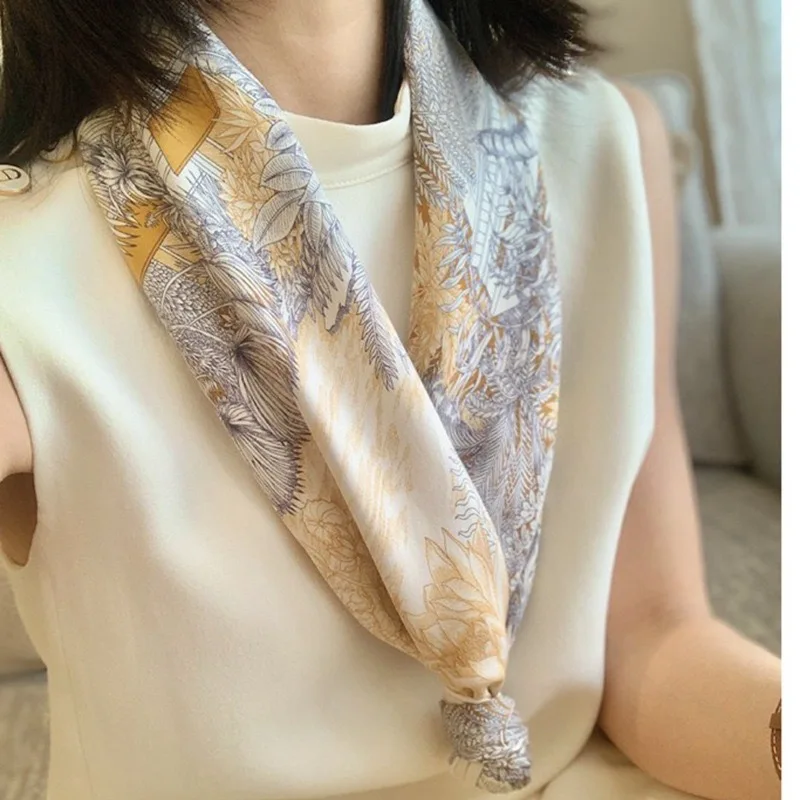new style luxury satin silk scarf small grid printing neckerchief big square soft silk scarf for women