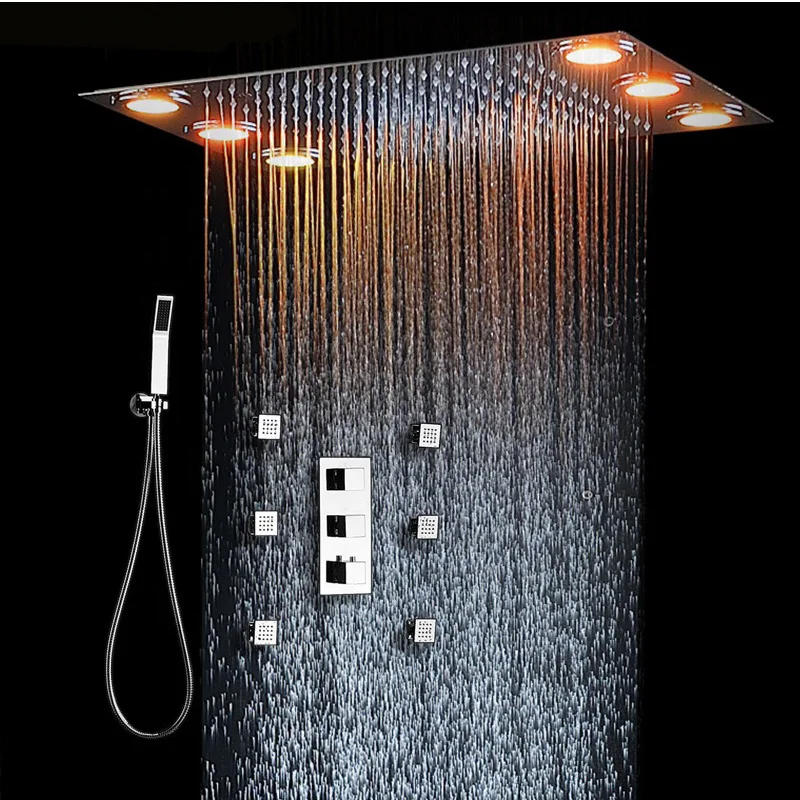 Bathroom Rain Shower Remote Control Multicolor Change LED Thermostatic Diverter Valve Bath And Shower Faucets System