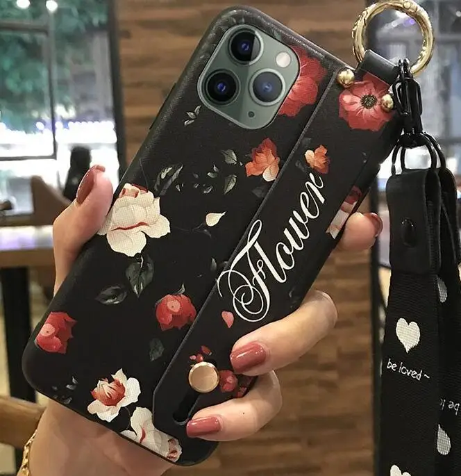 Wrist Strap Flower Soft TPU Case For IPhone 11 Pro Max X XS XR 8 7 6 6S Plus 5S 5 5G Necklace Lanyard Skin Cover