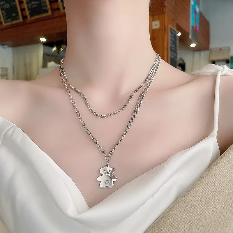 Wholesale Unique Design Fashion Silver Tone Jewelry Sterling Silver Two Layers S925 925 Sterling Silver Bear Pendant Necklace