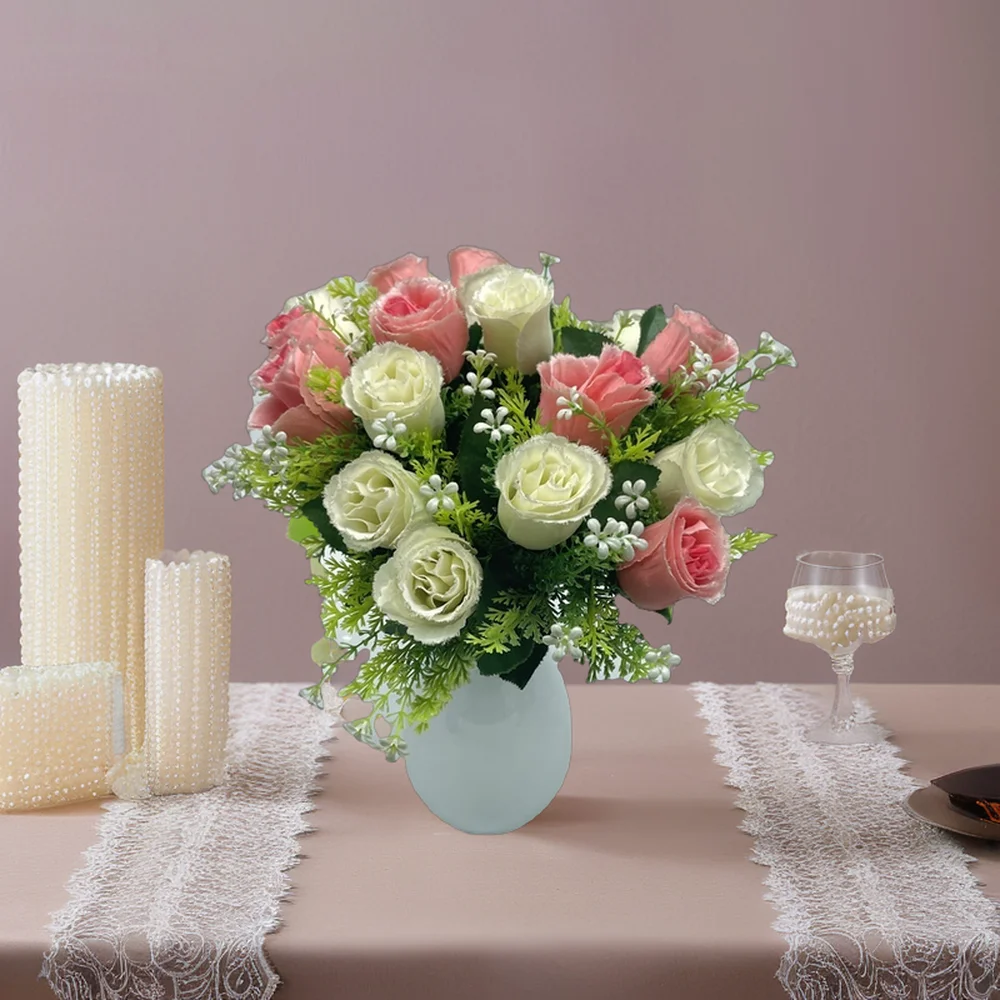 BS0124 French Romantic Style 18 Head Pink White Home Table Wedding Decoration Silk Rose Flower Bunch Artificial Flowers Bouquet