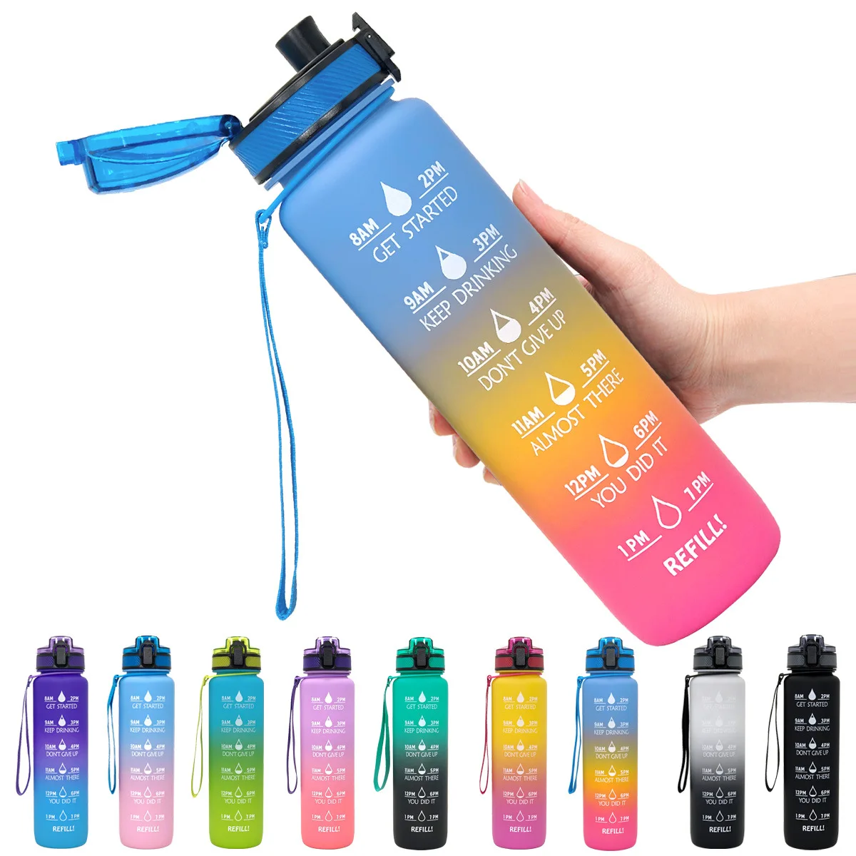 Whole Sale Price 1L Plastic Bottle BPA Free Water Bottle for Outdoor Sports With Time Marker Straw Lid Tritan Water Bottle