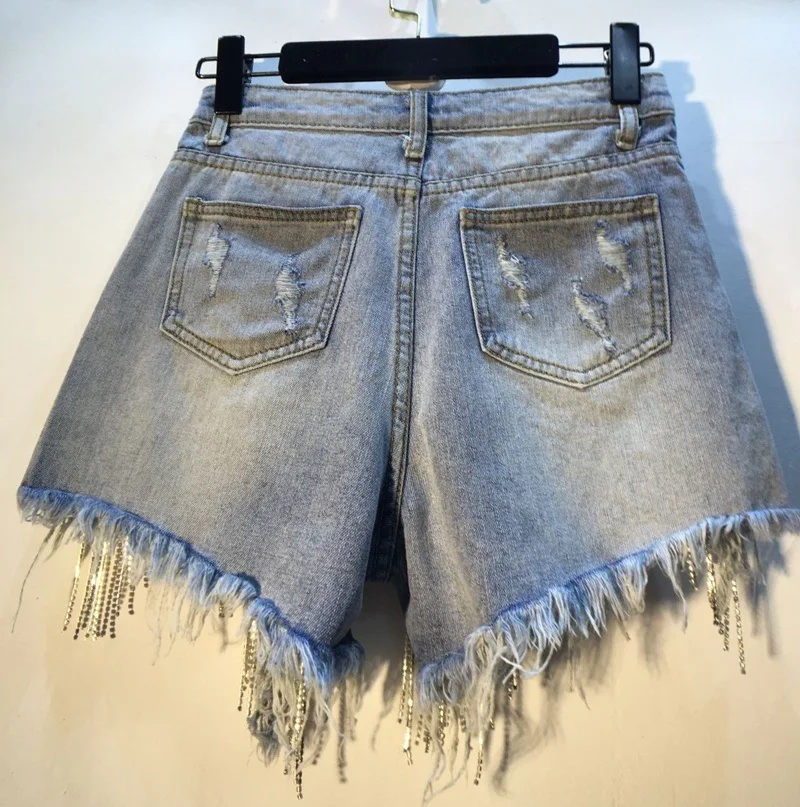 New custom design heavy tassels diamonds Beads plus size women light night high waist denim