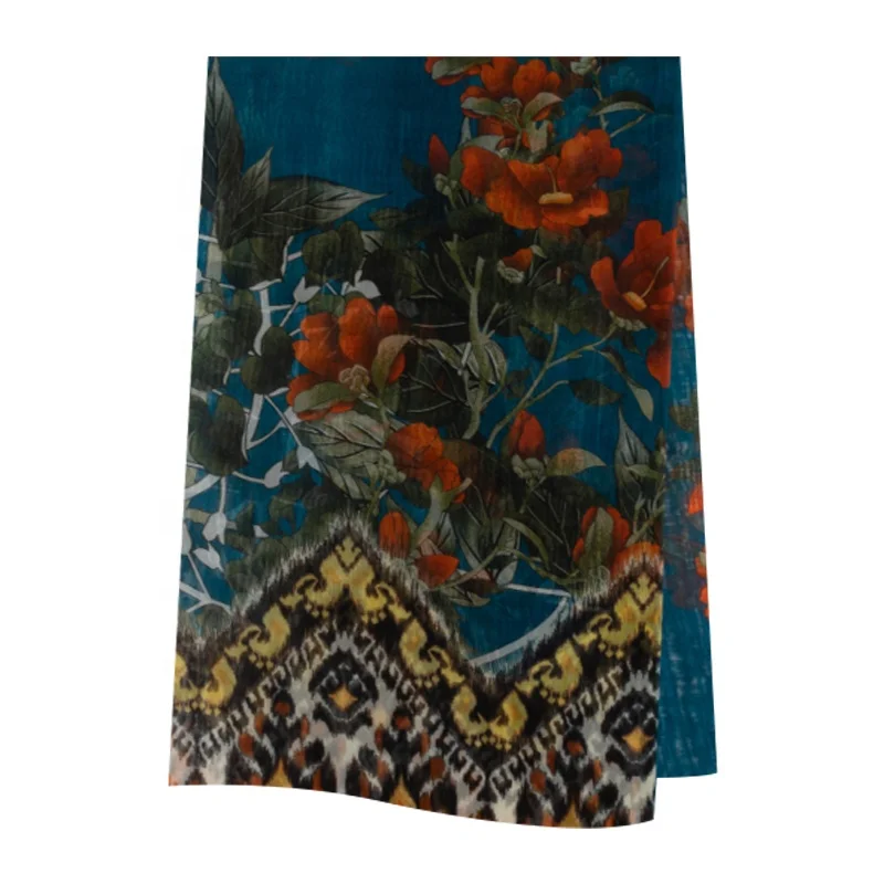 Custom dark blue floral print silk organza sheer fabric 8 Momme 140cm width 100% silk print organza digital print silk fabric