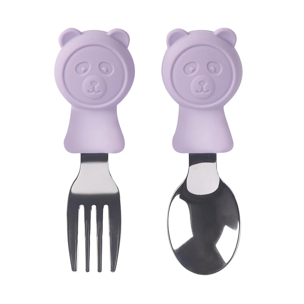 Cartoon Shape Silicone Stainless Steel Toddler Silverware Baby Utensils Baby Spoon And Fork Set